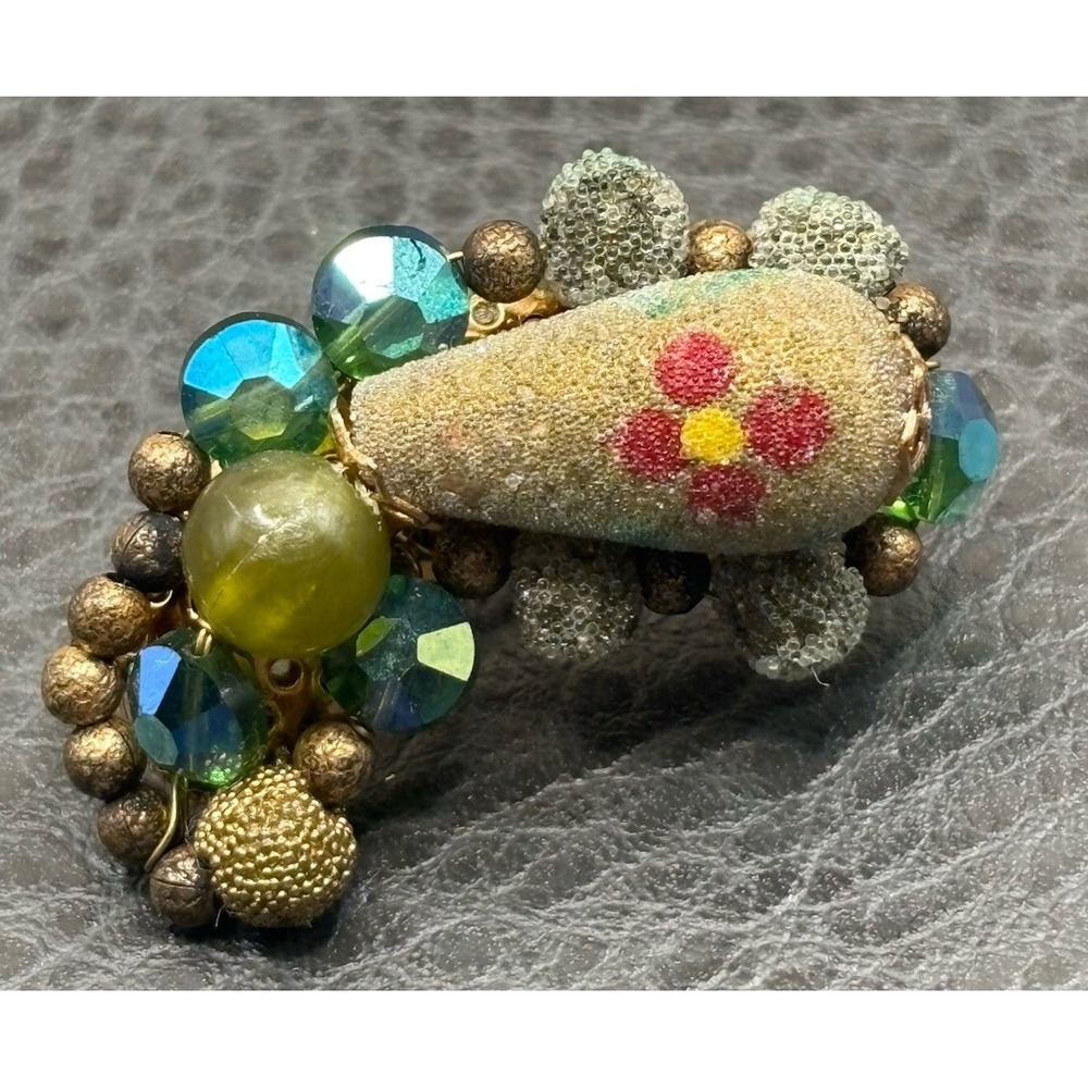 Hobe Vintage Clip-On *SINGLE* Earring AB Blue Green Floral 1960s Wired Beads